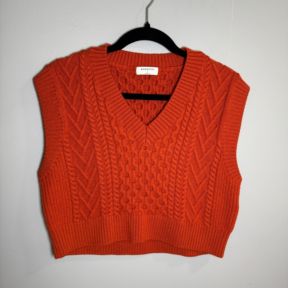 Babaton Aritzia Orange 100% Merino Wool Cable Knit V-Neck Sweater Vest Small